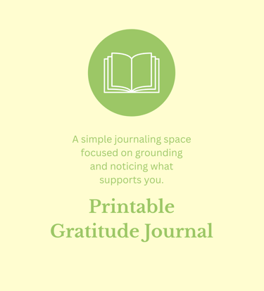 Printable gratitude journal template with an open book icon and grounding journaling prompts.