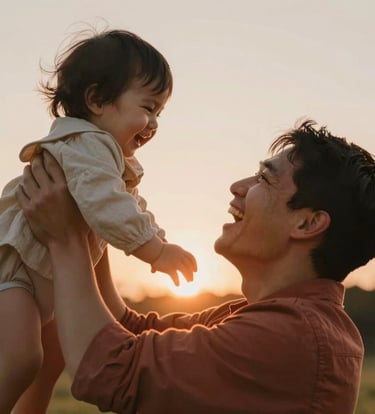 A heartfelt, candid close-up of a young family laughing together. The father is lifting a toddler, backlit by a warm, setting sun. The colors are rich with terracotta and golden tones, creating a cinematic and emotional atmosphere.