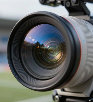 A macro close-up of a high-end professional cinema camera lens reflecting the blue stadium lights of a North American sports arena, sharp focus on the glass elements, metallic textures in light gray.
