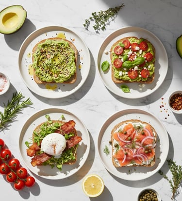 a table with a variety of avocado toast.