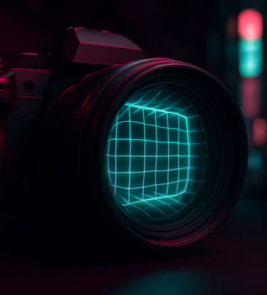 A close-up photograph of a camera lens reflecting a glowing cyan neon grid in a dark East Asian / Korean urban setting. The lighting is moody with magenta accents on the camera body.