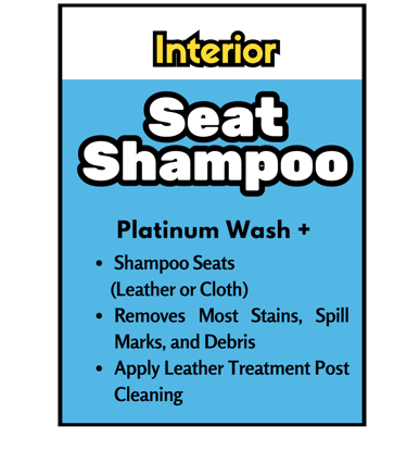 Shampoos leather/cloth seats, removes stains, spills, debris, applies leather treatment