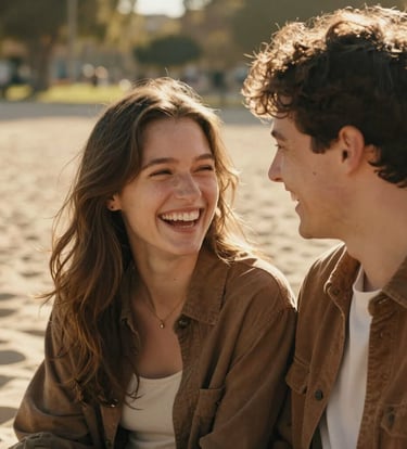 A candid close-up of a young couple laughing together in a sun-drenched North American / US park. Warm sunlight creates a cinematic glow, highlighting authentic emotion. Soft Sand and Warm Brown tones in their clothing.