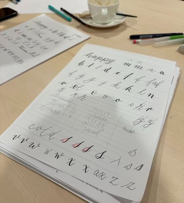Cursive calligraphy practice sheet on a desk with a coffee cup and lettering pens.