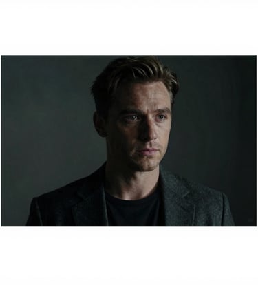 A film still of a male actor in a high-tension scene, shot in medium close-up. Low-key lighting creates dramatic shadows #0F0F0F and highlights his features in #A8A8A8. The style is modern European cinema, sophisticated and intense.