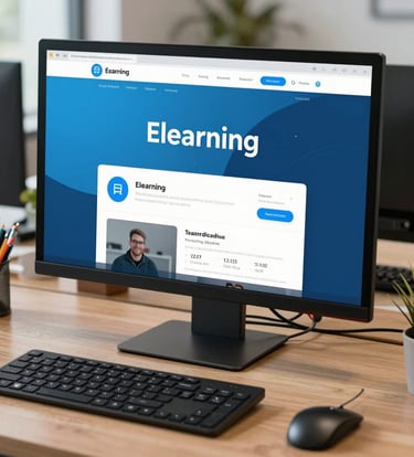 A sharp, professional photograph of a modern North American / US office desk setup, focusing on a monitor displaying a vibrant eLearning module with Sky Blue UI elements and Steel Blue graphics.