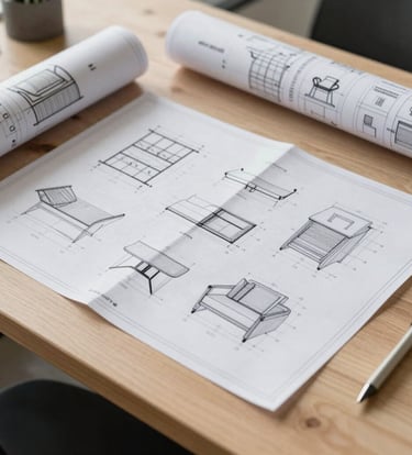 A detailed close-up shot of technical interior design blueprints laid out on a clean, light wood surface. The drawings show precise furniture measurements and architectural details, captured with sharp focus in a Northern European professional setting.