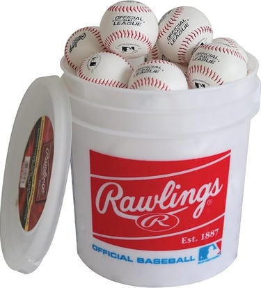 A white Rawlings baseball bucket filled with official league leather baseballs for team practice.