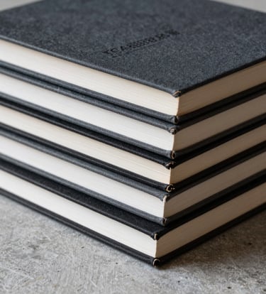 A vertical detail shot of a stack of archival photography monographs bound in black and deep gray fabric. The books are neatly aligned on a light gray stone surface. Soft, directional light highlights the paper texture and clean edges. North American / European aesthetic.