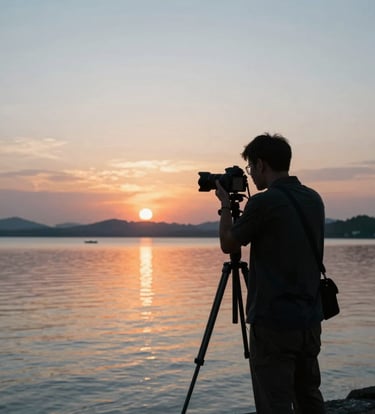 A cinematic shot of a sunset over a calm lake, silhouetting a photographer with a camera on a tripod, reflecting the quiet beauty of creation, mood is serene and professional, incorporating #4C6A65 and #1A2F3C tones.