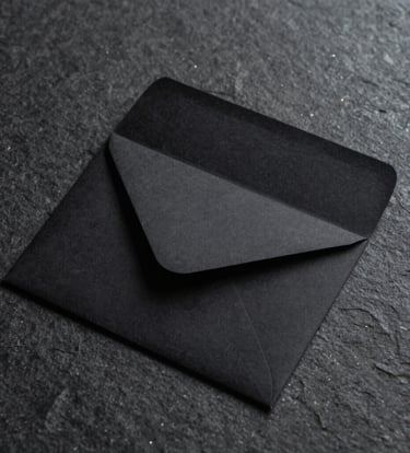 A minimalist, square-formatted photograph of an elegant black wedding invitation envelope resting on a dark, textured stone surface. Soft, professional studio lighting highlighting the edges. European style.
