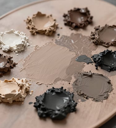 An artistic close-up photograph of a palette with smears of muted taupe, warm beige, and deep earth charcoal paint, arranged in an organic and elegant composition.
