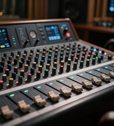 An artistic shot of a professional audio mixing console with glowing faders and knobs in a North American recording studio. The atmosphere is cinematic with soft light hitting the metallic surfaces against deep charcoal and black shadows.