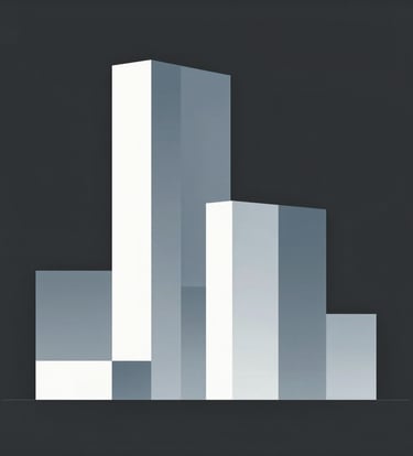 An architectural sketch showing clean lines and vertical volumes, rendered in a minimalist style using shades of #CDDDE0 and #6E8898 on a dark charcoal background.