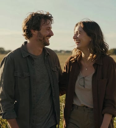 A vertical, medium shot of a couple laughing together in a sun-drenched meadow. The lighting is warm and golden, highlighting their authentic expressions. They are dressed in earthy tones like charcoal and dark brown. The style is candid and cinematic.