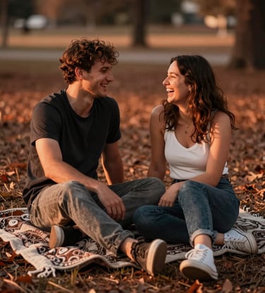 A candid photography shot of a couple sitting on a vintage charcoal blanket in a park, laughing together, bathed in warm terracotta sunset light, very shallow depth of field, lifestyle photography style.
