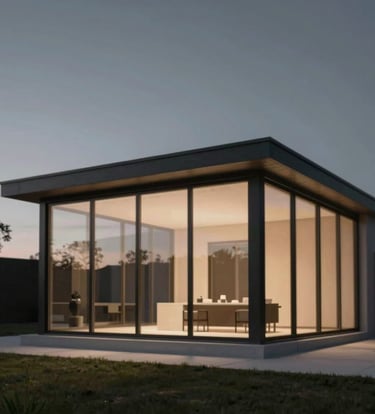 A minimalist exterior view of a residential pavilion at twilight. Large glass panes reflect the deep #2F2E2E sky, while the interior glows with a soft #D9D2C7 light. The structural frame is a sharp, precise #6B6760.