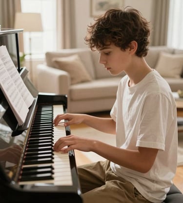 A young student sitting at a sleek piano in a sunlit North American living room, focusing on sheet music, sophisticated and peaceful mood, with light beige and tan tones.