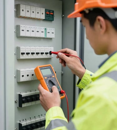 An electrical engineer in high-visibility safety gear using a digital multimeter to test a complex control panel, bright daylight, 35mm lens