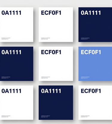 A collection of corporate identity brand guidelines and stationery laid out in a grid. The design is minimalist with bold typography. The color palette incorporates #0A1118 and #ECF0F1. Flat lay composition, sharp focus, clean studio lighting.