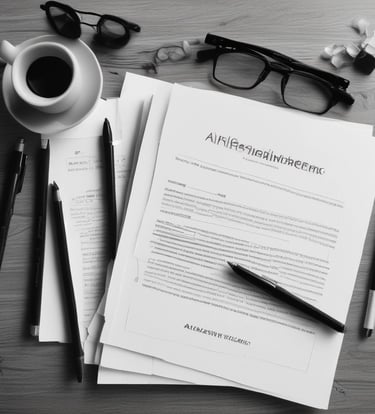 A creative workspace with legal documents, art supplies, and a laptop.