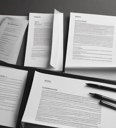 A creative workspace with legal documents, art supplies, and a laptop.