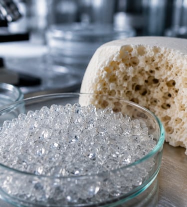 A glass Petri dish filled with clear hydrogel beads next to a porous white synthetic bone scaffold in a laboratory.