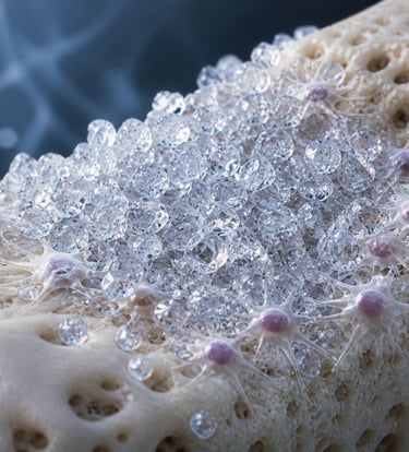 Microscopic view of clear crystalline spheres clustered on a porous biological structure with pink neural cells.