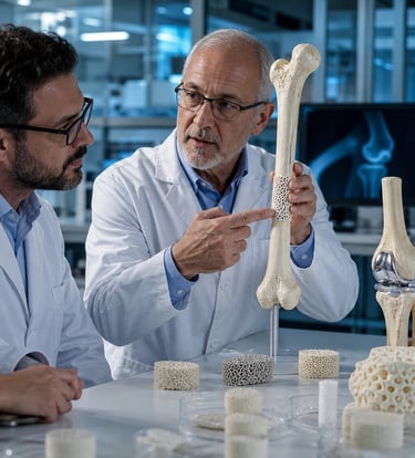 Medical researchers in a lab examining a 3D printed bone graft and prosthetic knee joint model.