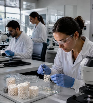 Scientists in a laboratory developing 3D printed biomaterials for bone regeneration and tissue engineering.