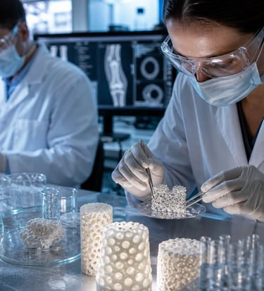 Medical researchers in a laboratory analyzing 3D printed bone scaffolds for regenerative medicine.