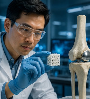 A scientist examines a 3D-printed lattice structure next to a prosthetic knee joint model in a laboratory.