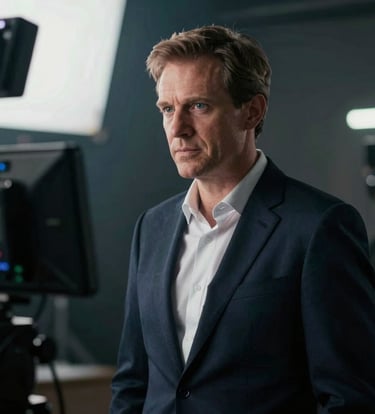 A professional portrait of Frank Artus on a film set, looking focused and authoritative. He is standing near a production monitor. The lighting is dramatic and cinematic, incorporating colors #1A1C20 and #F8F8F8 with an elegant, artistic finish.