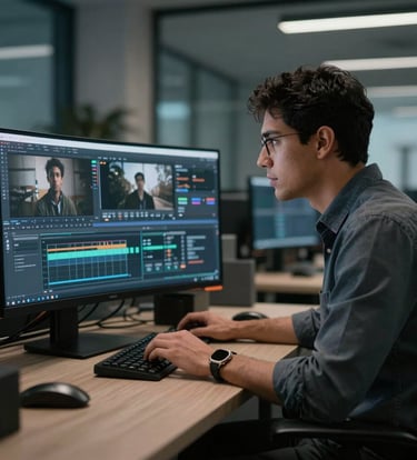A creative professional in a modern Latin American / Hispanic office sitting at a high-end workstation editing video, cinematic lighting with dark charcoal and soft blue-grey tones.