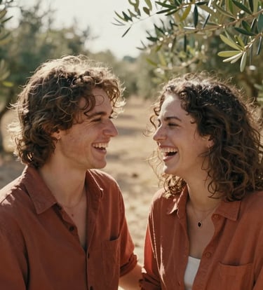 A cinematic close-up of a young couple laughing together in a sun-lit olive grove in Portugal. The lighting is warm and hazy, capturing a spontaneous, authentic moment of connection. Natural soft sand and deep terracotta tones in their attire.