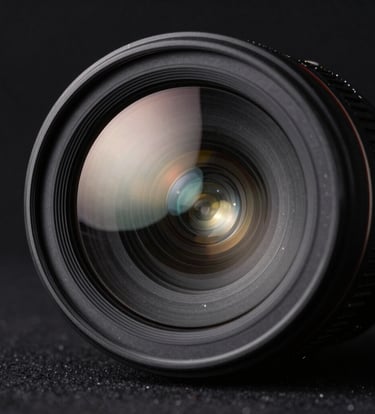 Close-up macro photography of a professional camera lens. The glass reflects a soft white light against a deep black background. Minimalist, sharp details, emphasizing high-end technical equipment in a South American Brazilian studio.