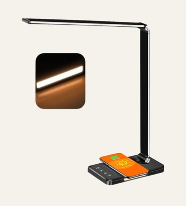 Modern black LED desk lamp with wireless charging base for smartphones and adjustable brightness.