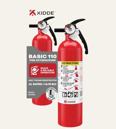 Kidde Basic 110 red fire extinguisher with pressure gauge and mounting strap bracket for home safety.
