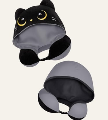 Black cat hooded travel neck pillow with moon and star embroidery for comfortable airplane sleep.