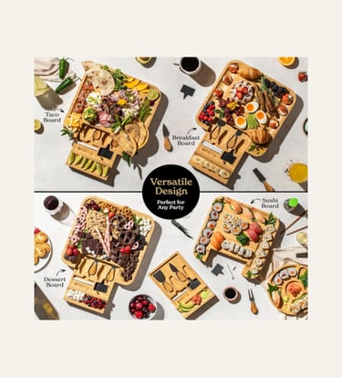 SMIRLY Charcuterie Boards Set with one drawer showing four types of spreads
