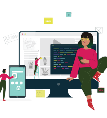 a woman sitting on a computer screen with a woman working on a laptop