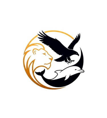a black and white eagle and a lion and a lion