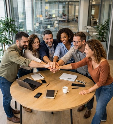 Equipe reunida em sinal de união, representando compromisso com excelência e desenvolvimento sustent