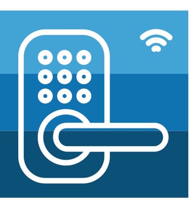 Keypad lock icon over blue ombre band branding representing residential smart lock installation by Asheville Locksmith Now