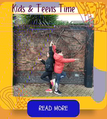 Kids & teen yoga time. Two children standing back to back in a variation of tree yoga pose.