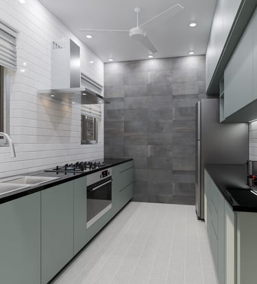 a kitchen with a stove top and oven