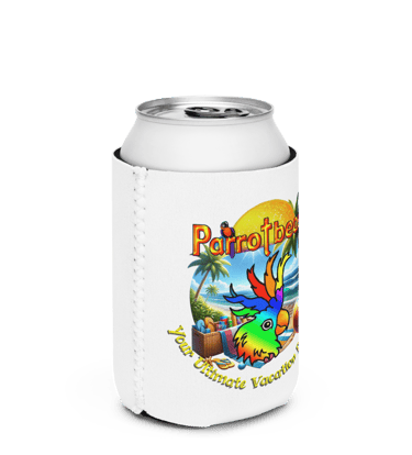 Colorful Parrot Beach koozie featuring a rainbow parrot head, tropical beach scene with palm trees, 