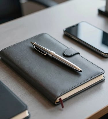 A close-up photograph of a professional's desk in a modern South American / Brazilian office. Included are a high-end leather notebook, a luxury pen, and a smartphone, all in dark slate grey and muted steel blue tones, under sharp, clean lighting.