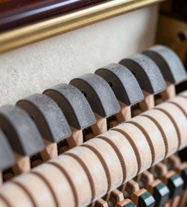 A detailed close-up shot of the hammers inside a grand piano, the wood and felt textures visible in warm grey and off-white cream colors. Professional studio lighting, shallow depth of field, International / Western style.