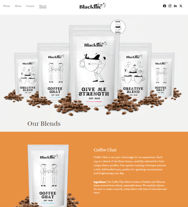 Blackline coffee blend packaging bags featuring Give Me Strength and Creative Blend labels with roasted beans.